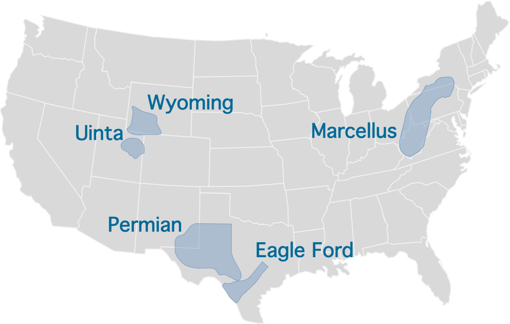 Map showing major energy producing regions of the country where Equipment Transport has an operational presence. Regions include Wyoming, Uinta, Permian Basin, Eagle Ford, and Marcellus.