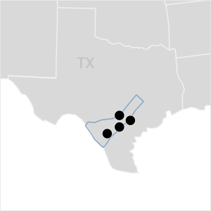 Map of the Eagle Ford energy producing region showing Equipment Transport yard locations in Falls City, Cotulla, Pleasanton, and San Antonio Texas.