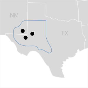 Map of the Permian Basin energy producing region showing Equipment Transport yard locations in Texas and New Mexico, including Pecos and Midland, Texas, and Carlsbad New Mexico.